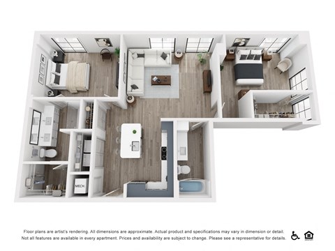 Floor plan for 2 beds, 2 baths, 1175 sqft
